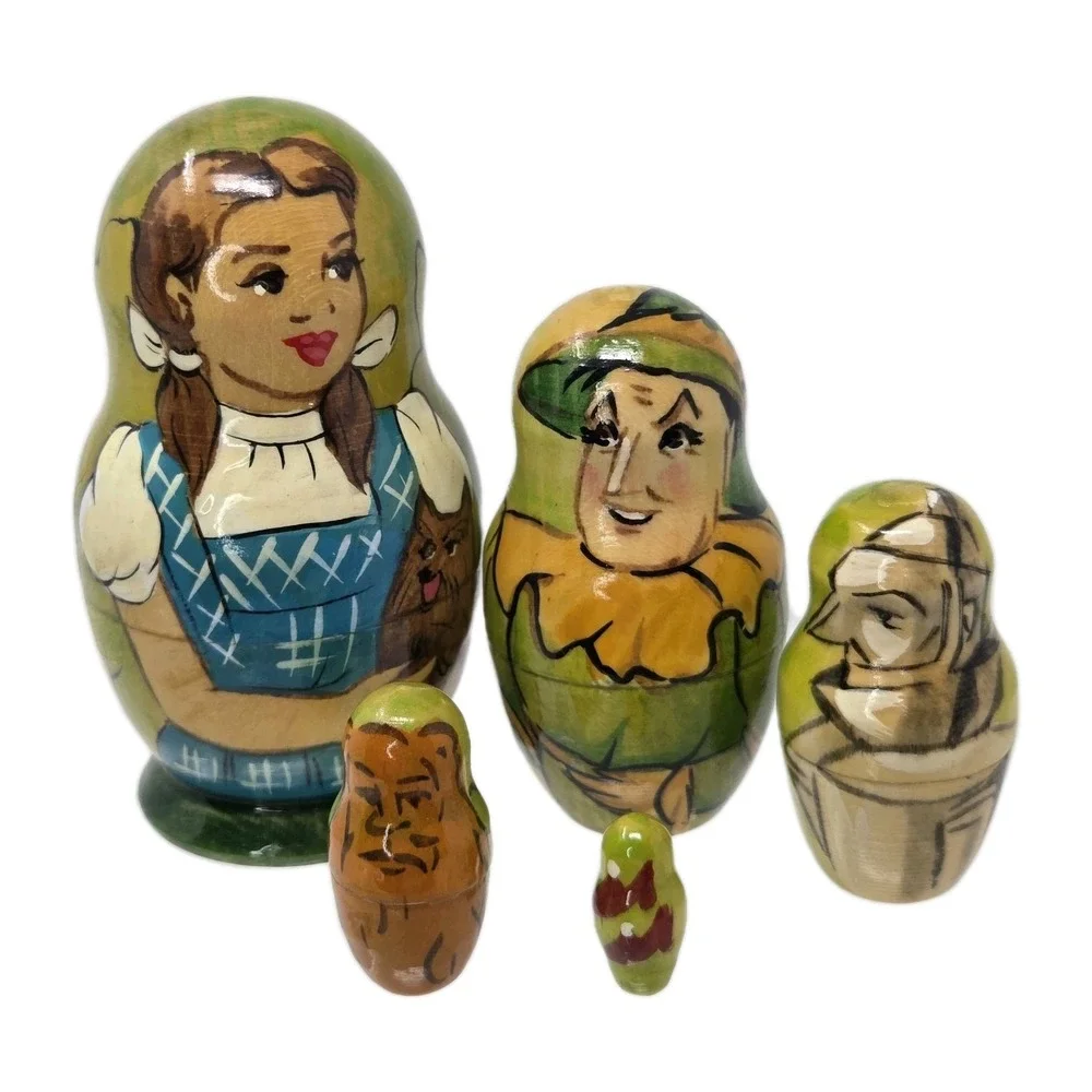 Vintage Set of 5 Wizard of Oz Wooden Russian Nesting Dolls Hand Painted 3.5